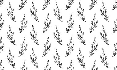 Elle çizilmiş bitki dallarıyla kusursuz desen. Kumaş veya tekstil baskı şablonu. Çiçek tasarım elementi. Bahar ve yaz sembolü. Basit siyah dal çizimini birleştir