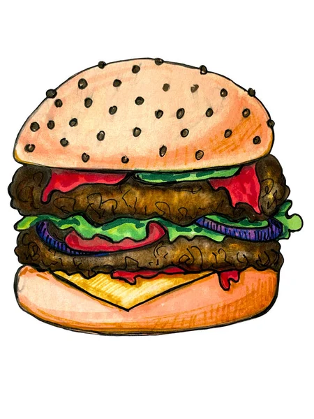 Illustration Marqueur Dessinée Main Cheeseburger Nourriture Pourrie Concept Mauvaise Alimentation — Photo