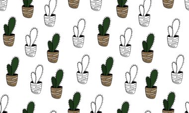 Elle çizilmiş kaktüslü, pürüzsüz bir şekil. Saksıda yeşil bir saksı var. Ev dekorasyonu. Bahçe bitkisi