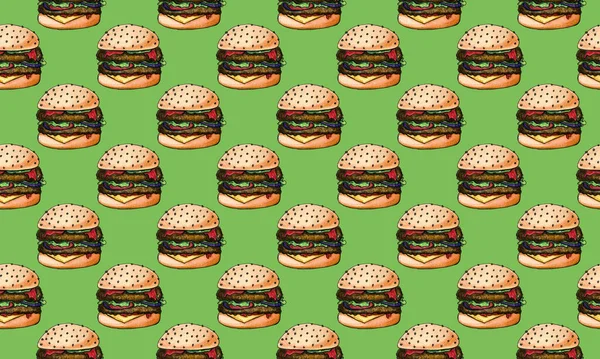 无缝隙图案手绘芝士汉堡 垃圾食品 不健康的饮食观念 芝士片 蔬菜等汉堡包的逼真画图 — 图库照片