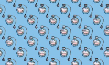 Elle çizilmiş parfüm şişeleriyle kusursuz desen. Güzellik ve moda aksesuarı