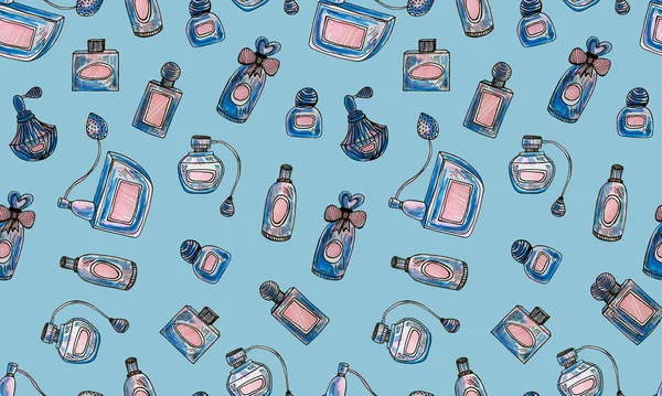Patrón Sin Costuras Con Frascos Perfume Dibujados Mano Accesorio Belleza — Foto de Stock