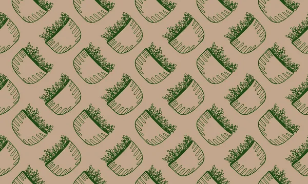 Vektornahtloses Muster Mit Handgezeichneten Kräutern Grüne Zimmerpflanze Topf Wohnraumdekoration Gartenpflanze — Stockvektor