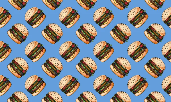 Padrão Sem Costura Com Cheeseburgers Desenhados Mão Comida Plástico Conceito — Fotografia de Stock