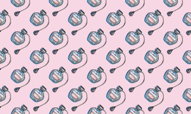 Elle çizilmiş parfüm şişeleriyle kusursuz desen. Güzellik ve moda aksesuarı