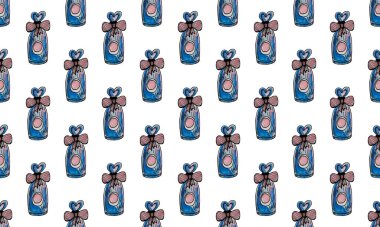 Elle çizilmiş parfüm şişeleriyle kusursuz desen. Güzellik ve moda aksesuarı