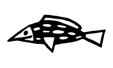 Balıkların el çizimi vektör çizimi. Beyaz arka planda izole edilmiş deniz yaratığının karalama çizimi. Çocuklar için güzel çizim. Renklendirme şablonu, Siyah tasarım ögesi