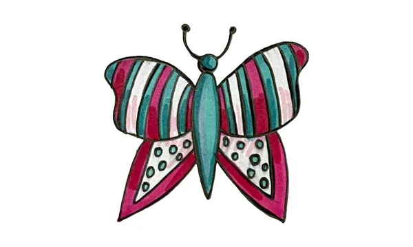 Marcador Dibujado Mano Ilustración Mariposa Bonito Insecto Con Grandes Alas — Foto de Stock