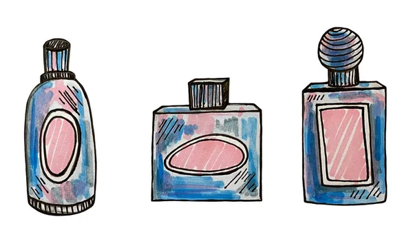 香水ボトルコレクションの手描きマーカーイラスト 美しさとファッションアクセサリー — ストック写真