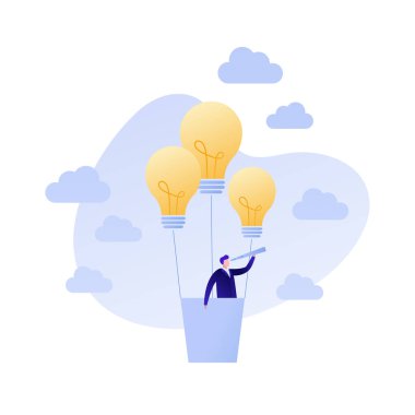 Vektör dairesi çalışanları illüstrasyonu. Fikir konsepti. Beyaz arka planda dürbünü olan uçan ampul balonlu bir iş adamı. Pankart, poster, ağ, bilgi grafiği için tasarım ögesi.