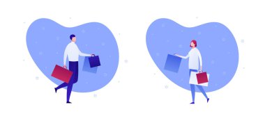 Vector Daire Hediyelik Kutusu Noel indirimi insanları illüstrasyonu. Beyaz arka planda izole edilmiş alışveriş torbası olan kadın ve erkek. Alışveriş konsepti. Pankart, poster, ağ, bilgi grafiği için tasarım ögesi