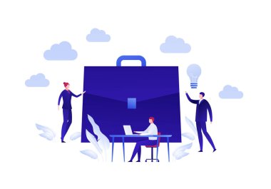 Vektör dairesi çalışanları illüstrasyonu. Takım çalışması konsepti. Bir grup insan, ampul ve bavul sembolü beyaz arka planda izole edilmiş. Pankart, poster, ağ, bilgi grafiği için tasarım ögesi.