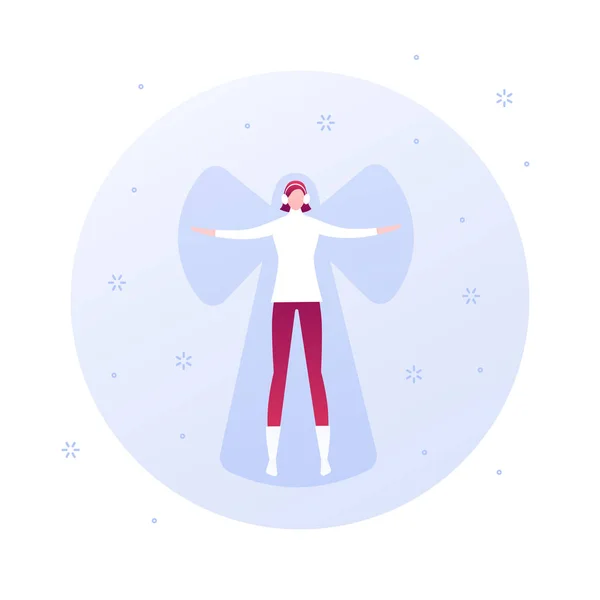 Vektor flache Weihnachtsurlaub Wintermenschen Illustration. Frau spielt Schnee Engel isoliert auf weißem Hintergrund. Outdoor-Aktivitätskonzept. Gestaltungselement für Banner, Poster, Web, Infografik — Stockvektor