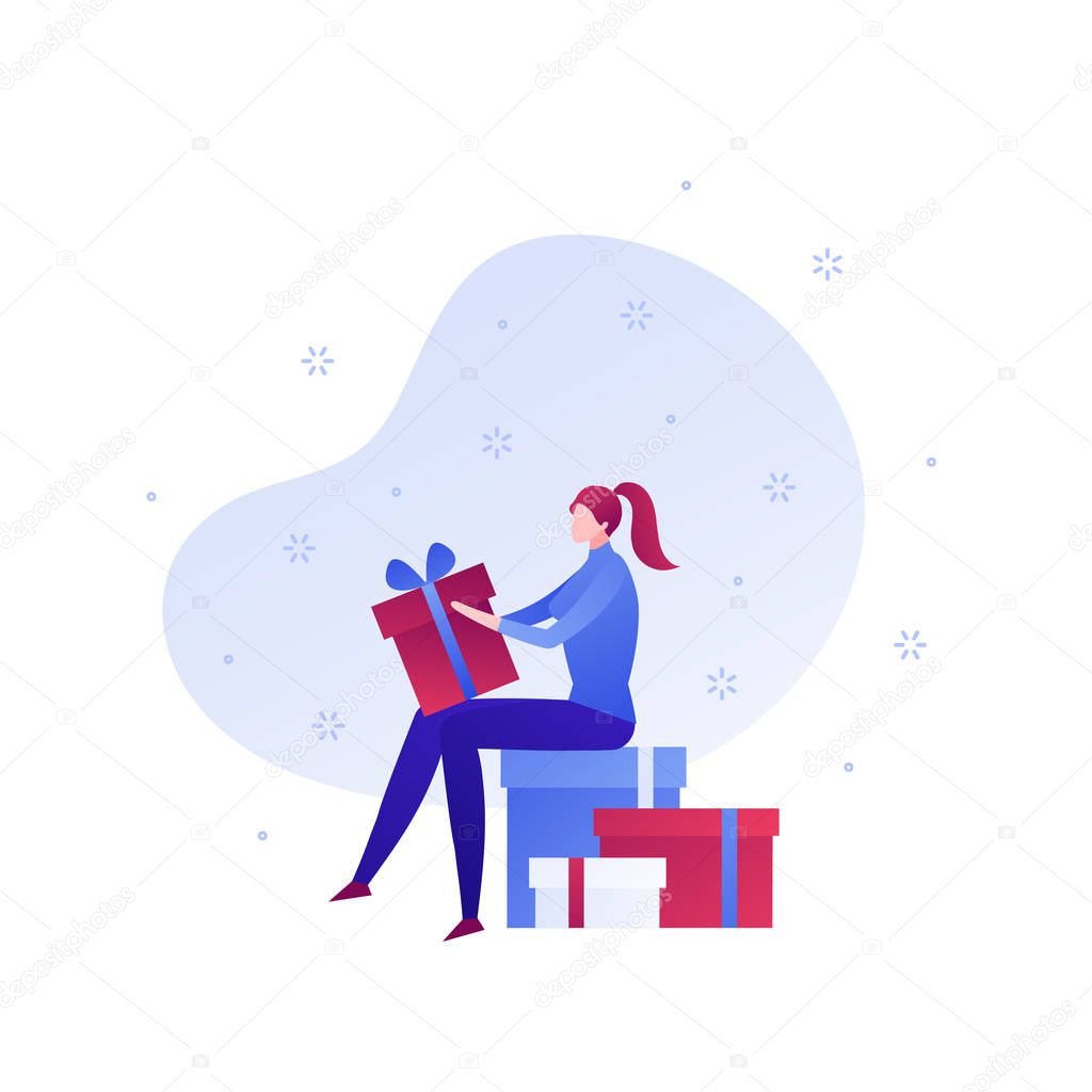 Vector flat gift box holiday people illustration. Woman sitting on pack of giftboxes unwrap present isolated on white background with snow. Design element for banner, poster, web, infographics.