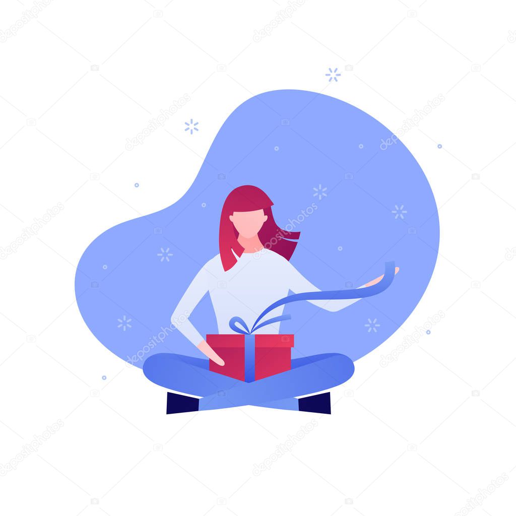 Vector flat gift box holiday people illustration. Woman sitting unwrap giftbox with ribbon isolated on white background with snow. Design element for banner, poster, web, infographics.