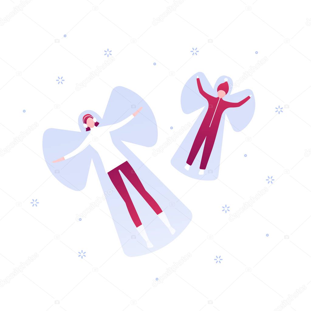 Vector flat christmas holiday winter people illustration. Woman and child couple playing snow angel on white. Outdoor family activity concept. Design element for banner, poster, web, infographic