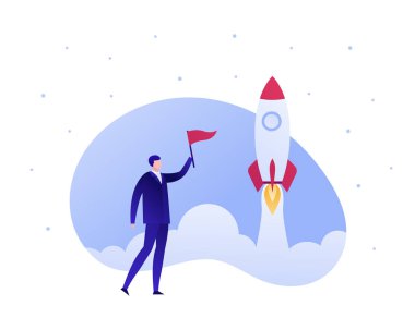 Vektör düz roket pankartı tasviri. Mavi gökyüzünde kırmızı bayraklı uçan uzay gemisi ve iş adamı. Bilim, teknoloji ve iş konsepti. Poster, web, bilgi grafiği için tasarım ögesi.