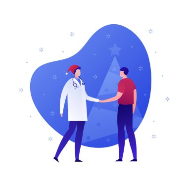 Vektör dairesi Noel kutlaması Noel Baba-doktor insan çizimi. Kış karlı arka planda beyaz ağaçla tokalaşan iki adam. Tıp konsepti. Pankart, poster ve web için tasarım ögesi.