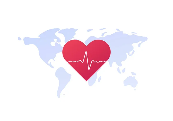 Vector flat global medicine illustration abstraite. Forme de coeur avec battements de cœur sur fond de carte terrestre. Journée mondiale de la santé et concept de cardiologie. Élément de design pour bannière, affiche, web, présentation — Image vectorielle