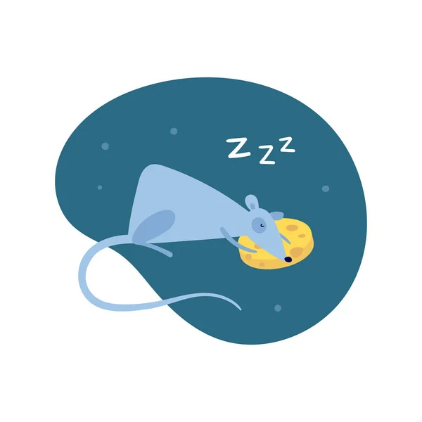 Vector schattige platte muis karakter illustratie. China Nieuwjaarssymbool. Cartoon rat slapen op kaas kussen met zzz op nacht vloeistof achtergrond. Design element voor banner, poster, kaart, uitnodiging. — Stockvector