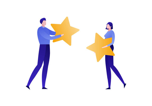 Vector flat business people illustration. Customer feedback concept. Male and female couple holding gold star isolated on white background. Design element for banner, poster, web, infographic.