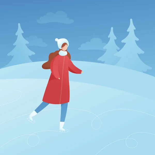 Διάνυσμα επίπεδη δραστηριότητα χειμερινές διακοπές άνθρωποι απεικόνιση. Γυναίκα σε κόκκινο στολή παγοδρομία στο φυσικό δάσος φόντο. Χριστούγεννα, το νέο έτος εορτασμού έννοια Σχεδιασμός στοιχείο για banner, αφίσα, κάρτα, web — Διανυσματικό Αρχείο