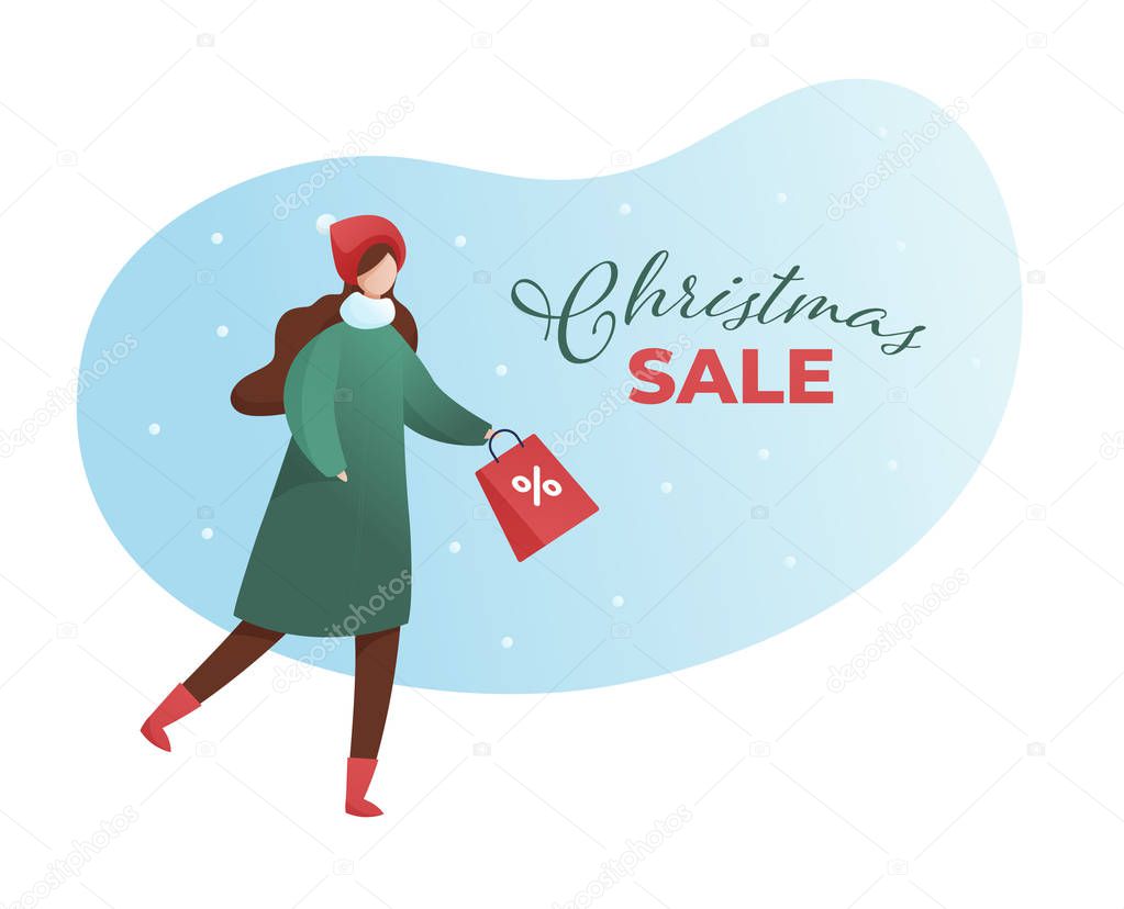 Vector flat christmas sale people illustration. Cute female in green coat and red santa hat ice-scate with shopping bag with fluid snow background Design element for banner, poster, greeting card, web