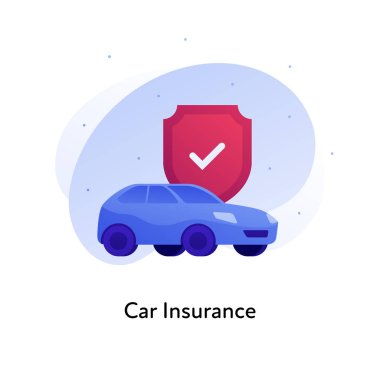 Vektör dairesi sigorta şirketi renk çizimi. Araba koruma konsepti. Beyaz arka planda kontrol kutusu olan araç ve kalkan. Pankart, poster, web, ui, yazdırma için tasarım ögesi
