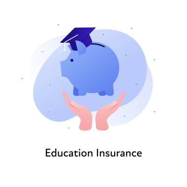 Vektör düz sigorta rengi çizimi. Eğitim konsepti. Elleri domuz kumbarasında, öğrenci şapkasıyla, akışkan arka planda, beyazda izole edilmiş. Üniversite afişi, posteri, web, ui, yazdırma için tasarım ögesi