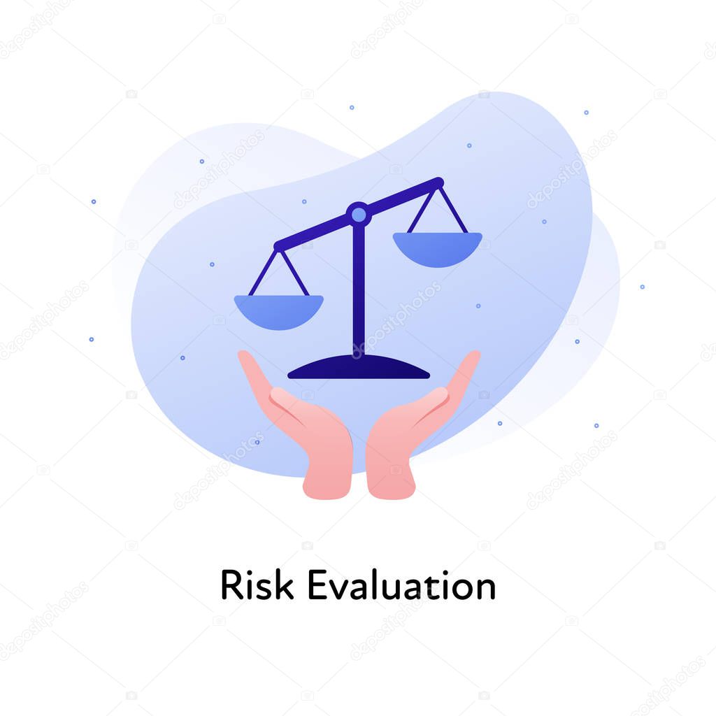 Vector flat risk evaluation business color illustration. Audit, financial and market analysis, concept. Hands holding scale balance isolated on white background. Design element for banner, poster, web