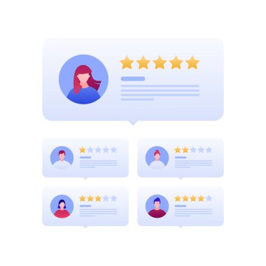 Müşteri geribildirim anketi düz iş vektörü çizimi. Web gözden geçirme kavramı. Kadın ve erkek yüzü ve yıldız işareti olan belgeler. Pankart, arkaplan, web, ui, bilgi grafikleri için tasarım ögesi.