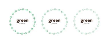Ekoloji koruma rozeti işareti. Vektör düz yaprak çerçeve çizimi seti. Beyazda izole edilmiş metin için telif alanı olan yeşil daire koleksiyonu. Pankart, poster, ui, arkaplan, web için tasarım ögesi.