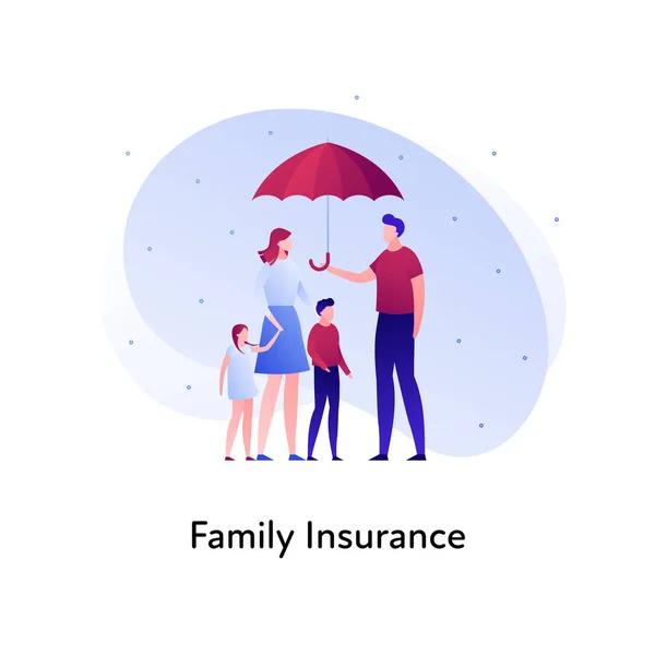 Ilustração de modelo de banner de seguro plano vetorial. Conceito de seguro de família. Pais com crianças segurando guarda-chuva no fundo branco. Elemento de design de negócios para cartaz, ui, web . — Vetor de Stock