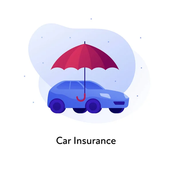Vector flat insurance business color illustration. Car accident protection concept. Vehicle with umbrella sign isolated on white background. Design element for banner, poster, web, ui, print — Stock Vector