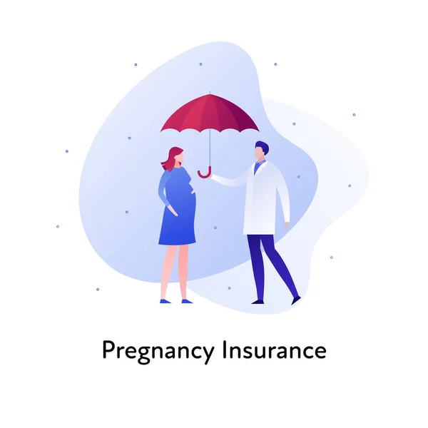 Vector flat insurance business color illustration. Pregnancy and childbirth concept. Doctor holding umbrella and pregnant female isolated on white background. Design element for banner, poster, web. — Stock Vector