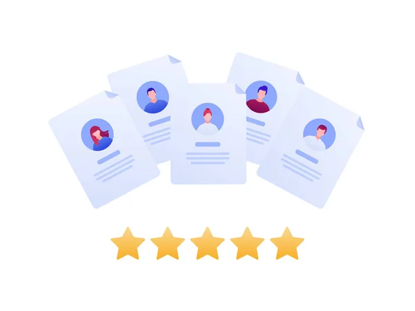 Pesquisa de feedback de clientes ilustração vetorial de negócios plana. Melhor serviço de qualidade e conceito de hr. Documentos com rosto de pessoas e signo de estrela isolados em branco. Elemento de design para banner, fundo, web . —  Vetores de Stock