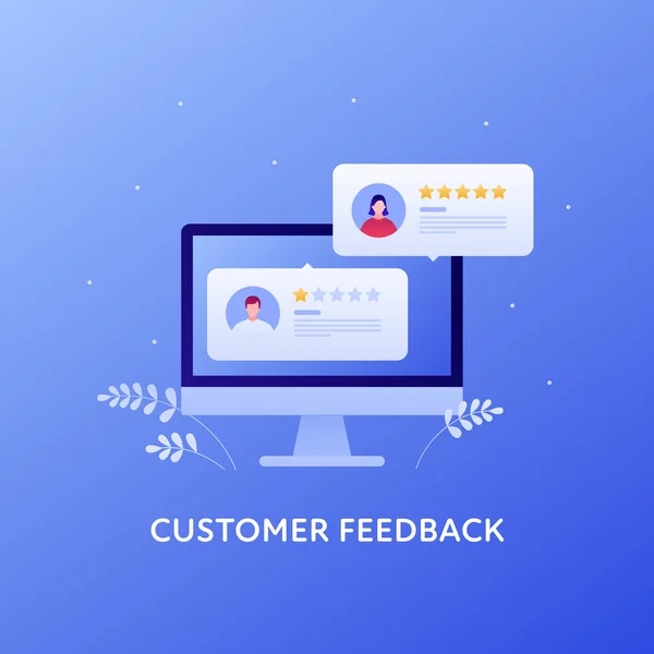 Customer feedback survey flat business vector illustration. Web review concept. Documents with people face and star sign on computer screen. Design element for banner, background, web, ui. — Stock Vector