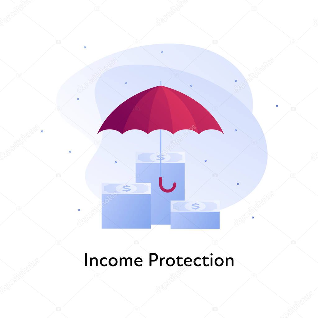 Vector flat insurance color illustration. Bank, income business protection concept. Money stack in under umbrella isolated on white background. Design element for banner, poster, web, ui, print