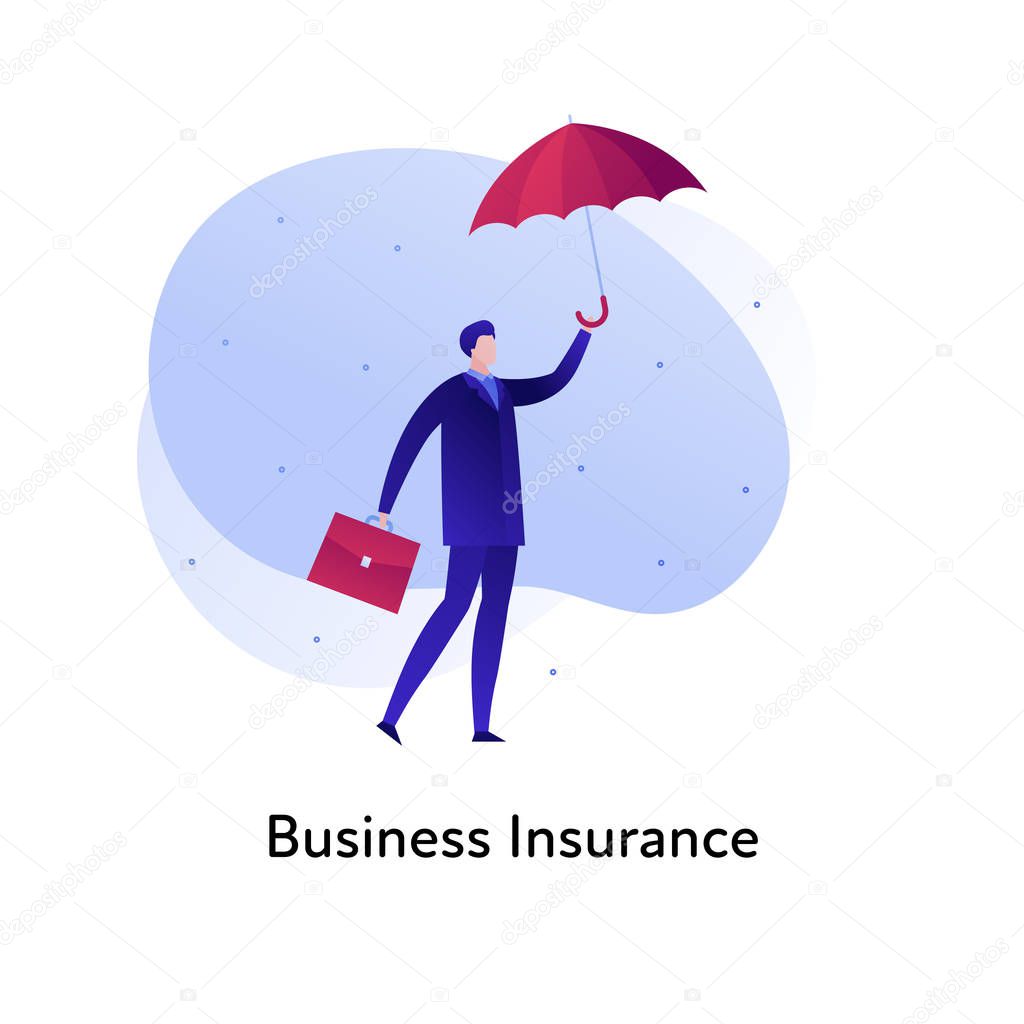 Vector flat insurance business color illustration. Bank, deal protection concept. Businessman, suitcase and umbrella isolated on white background. Design element for banner, poster, web, ui, print