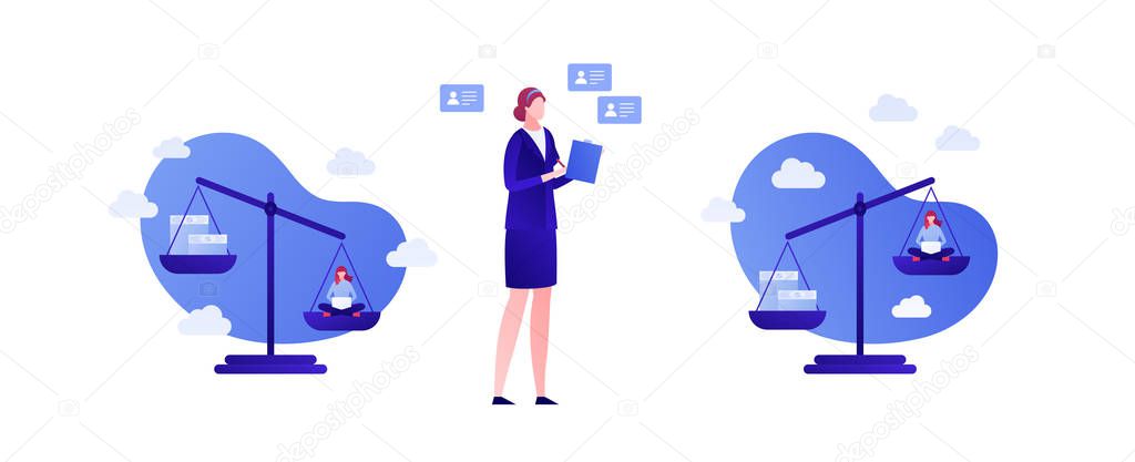 Business human resources concept. Vector flat businesswoman person illustration. Libra with comparison money and female employee isolated on white. Design element for banner, poster, background, web.