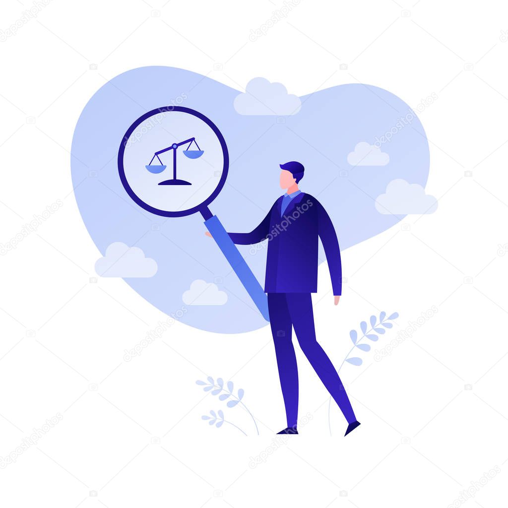 Risk evaluation for business. Concept of audit, financial and law analysis. Vector flat person illustration. Businessman holding magnifying glass over lybra symbol. Design element for banner, poster.