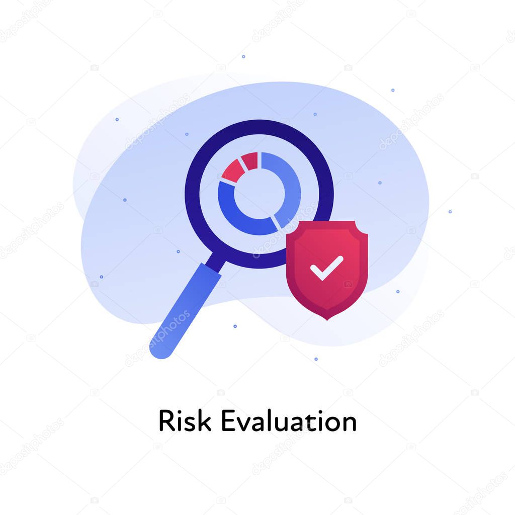 Risk evaluation business. Concept of audit, financial analysis. Vector flat color icon illustration. Magnifying glass over chart icon with shield. Design element for banner, poster, web, background.