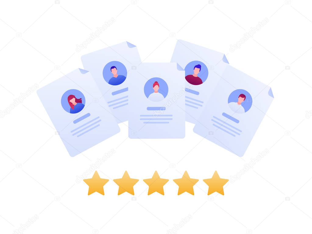 Customer feedback survey flat business vector illustration. Best quality service and hr concept. Documents with people face and star sign isolated on white. Design element for banner, background, web.