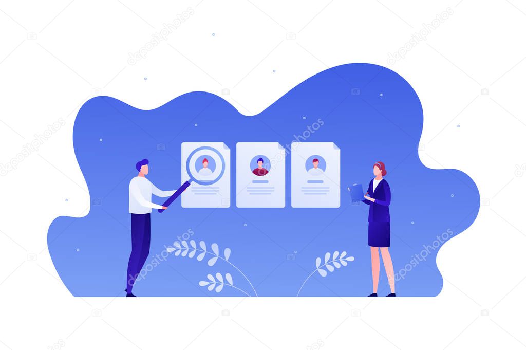 Business human resources concept. Vector flat teamwork person illustration. Businesswoman and man audit employee resume isolated on white. Design element for banner, poster, background, web.