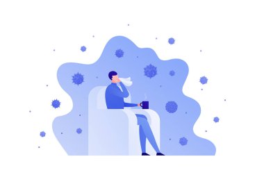 Grip hastalığı konsepti. Vektör düz insan çizimi. Kanepede mendili ve sıcak bardağı beyaza ayrılmış bir erkek. İlaç afişi, poster, arkaplan, web, bilgi grafiği için insan unsurları tasarla.