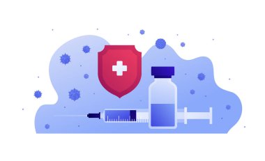 Aşı tıbbı konsepti. Vektör düz çizim. Aşılı şırınga ve şişe, virüs işareti, haçlı kırmızı kalkan. Pankart, poster, arkaplan, web, sağlık bilgileri için tasarım ögesi.