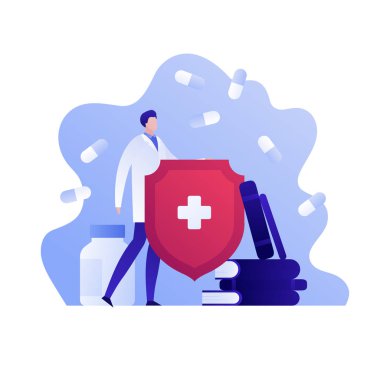 Sağlık sigortası öngörü konsepti. Vektör düz insan illüstrasyonu. Doktor kırmızı kalkanı beyaz haçla, kitaplarla ve bir şişe hapla tutuyor. İlaç pankartı, arkaplan, ağ, bilgi grafiği için tasarım ögesi