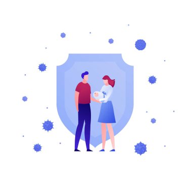 Aşı sağlık hizmeti konsepti. Vektör düz insan illüstrasyonu. Anne ve babalar ellerinde bebek ve kalkan virüslerini beyaza karşı koruyorlar. Tıp afişi, poster, arkaplan, web, bilgi grafiği için tasarım ögesi.