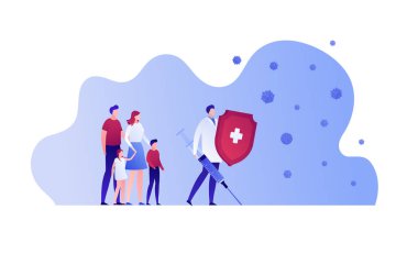 Aşı sağlık hizmeti konsepti. Vektör düz insan illüstrasyonu. Aile ve kahraman doktor rozetli, aşı şırıngası beyaz. Tıp afişi, poster, arkaplan, web, bilgi grafiği için tasarım ögesi.