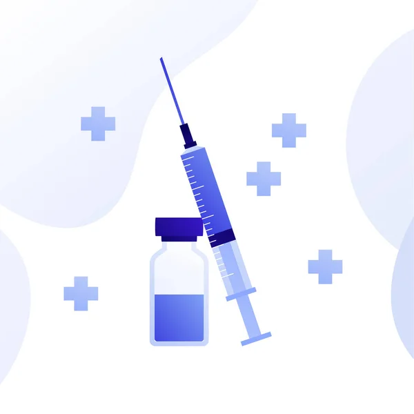 Vaccination medicine concept. Vector flat illustration. Syringe and bottle with vaccine, blue cross sign isolated on white. Design element for banner, poster, background, web, healthcare infographic. — Stock Vector